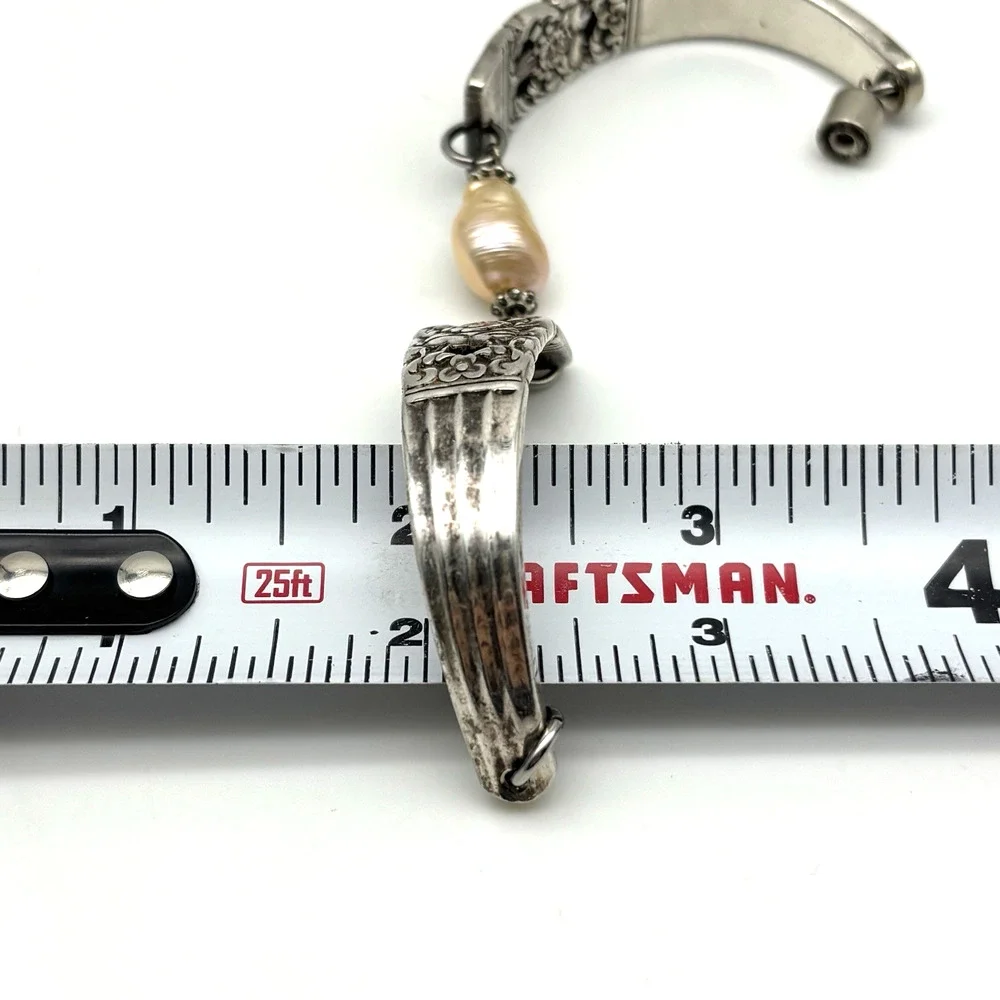 1950s Coronation Silver-plated Floral Spoon Bracelet w/ Freshwater Pearl 6.75